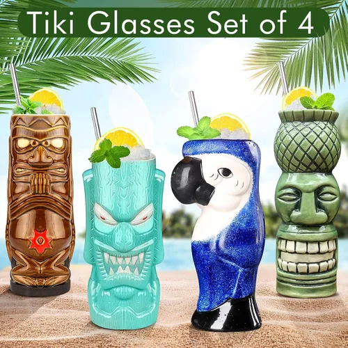 Miniatura 4 de SuproBarware Tiki - Juego de 4 tazas grandes de cerámica hawaiana para fiesta, cócteles, copas tropicales de primera calidad, bonitas copas