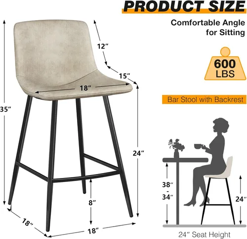 Miniatura 3 de 5Rcom Juego de 2 taburetes de bar de altura de mostrador de 600 libras, taburetes de cocina de 24 pulgadas con respaldo, sillas de bar modernas