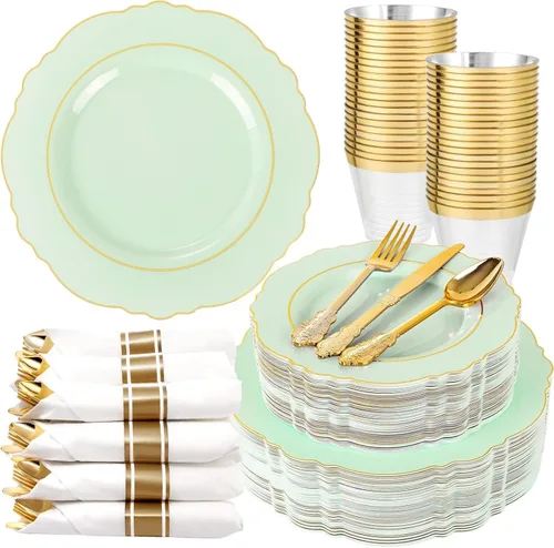 Miniatura 8 de Liacere 175 piezas Platos de Plástico Dorados - Blancos y Dorados Desechables, 50 PIEZAS Platos de Plástico para Cena, Perfectos para Bodas