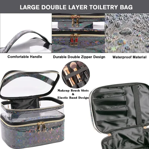 Miniatura 4 de FITINI 3 piezas de bolsas de maquillaje de doble capa, organizador de grandes estuches de cosméticos de viaje, bolsas de aseo impermeables, pequeña