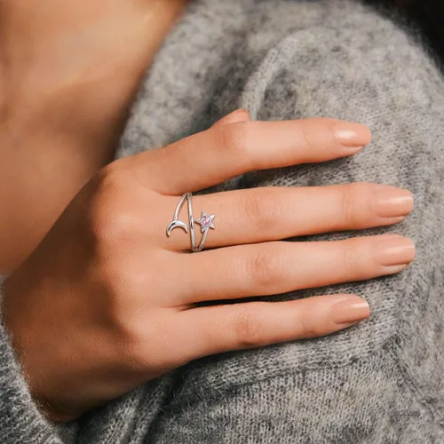 Miniatura 2 de ChicSilver Anillo de luna y estrella de plata de ley 925 con piedra natal luna creciente ajustable anillo de banda abierta regalo de cumpleaños
