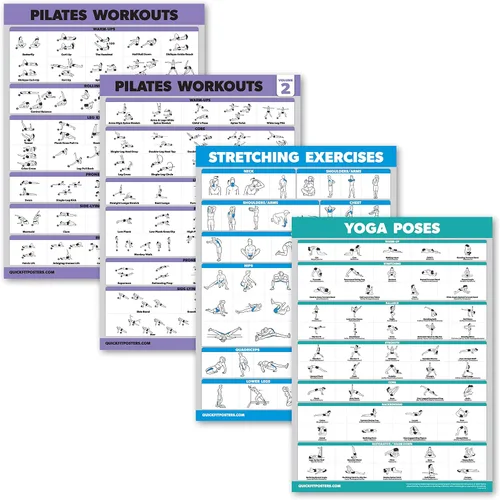 Palace Learning Paquete de 4 – Volumen de entrenamiento de pilates 1 y 2 + estiramiento + posturas de yoga – Juego de póster de ejercicio (18 x 24,