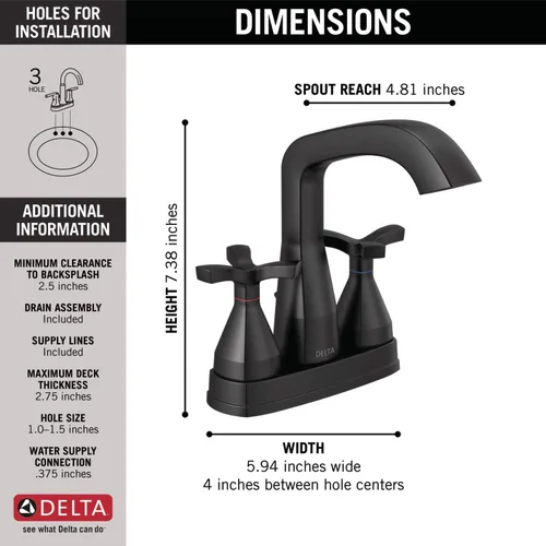 Miniatura 3 de Delta Faucet Stryke - Grifo de baño negro mate, grifo de baño central con asas cruzadas, tecnología de sello de diamante, ensamblaje de drenaje