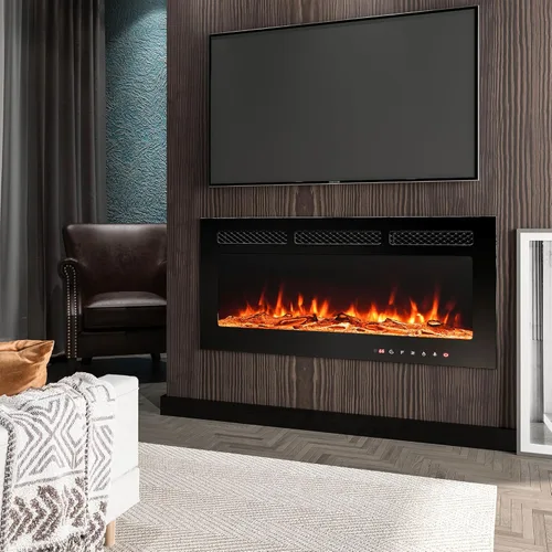 Miniatura 2 de Chimenea eléctrica montada en la pared y empotrada de 36 pulgadas con control remoto temporizador de 8 horas, 12 llamas, pantalla táctil, calentador