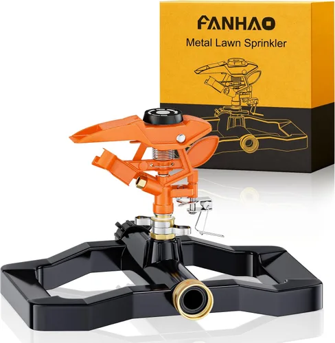 FANHAO Rociador de impacto pulsante resistente para patio, rociadores de césped giratorios de 360 grados con base de metal, rociador ajustable de