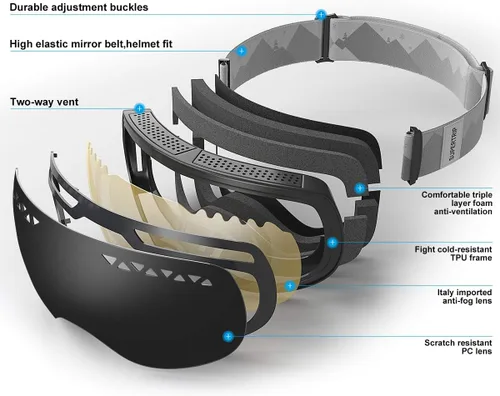 Miniatura 4 de Supertrip Gafas de esquí profesionales para hombres y mujeres, doble lente antivaho grandes esféricos, unisex, multicolor, gafas de nieve