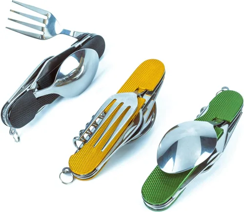 Juego de cubiertos multifunción 6 en 1 para acampar, cuchara desmontable, tenedor, cuchillo, kit combinado con bolsa de transporte (negro + dorado +