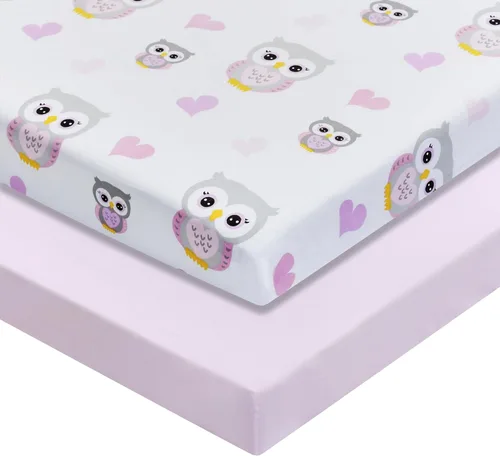 Miniatura 2 de Paquete de 2 sábanas de colchón n Play, 100% algodón percal, suaves, portátiles, para cuna, para niñas con búhos/corazones y diseño rosa sólido