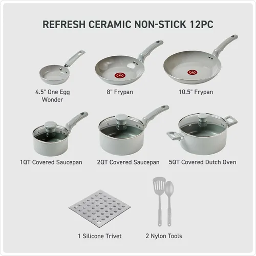 Miniatura 2 de T-Fal Refresh - Juego de batería de cocina antiadherente de cerámica, juego de ollas y sartenes de cerámica de 12 piezas, incluye olla grande, Gris