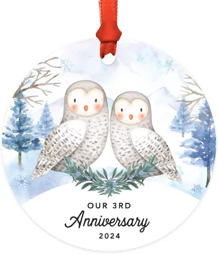 Miniatura 73 de Andaz Press Adorno redondo de recuerdo de Navidad, nuestro 10 aniversario 2025, búhos de nieve de invierno en acuarela, 1 paquete, incluye cinta