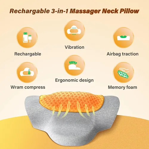 Miniatura 2 de Almohada masajeadora de cuello recargable 3 en 1 con calor, vibración y tracción de aire, almohada térmica para el cuello, joroba, relajación Gris