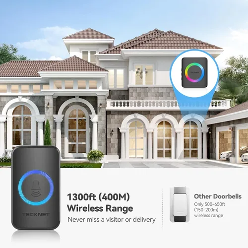 Miniatura 3 de TECKNET Timbre inalámbrico con 2 receptores enchufables, timbres impermeables IP65 para el hogar, rango de funcionamiento de 1300 pies, 60 melodías