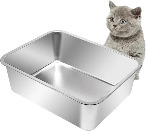 Miniatura 10 de Kichwit Caja de arena para gatos de acero inoxidable, bandeja de arena para gatitos, bandeja de arena de metal para gatos, superficie lisa