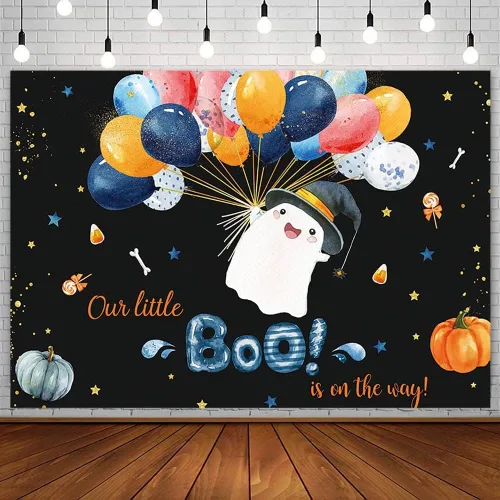 SENDY Telón de fondo de Halloween para baby shower, de 7 x 5 pies, nuestro pequeño Boo está en el camino, suministros de decoración de fiesta de