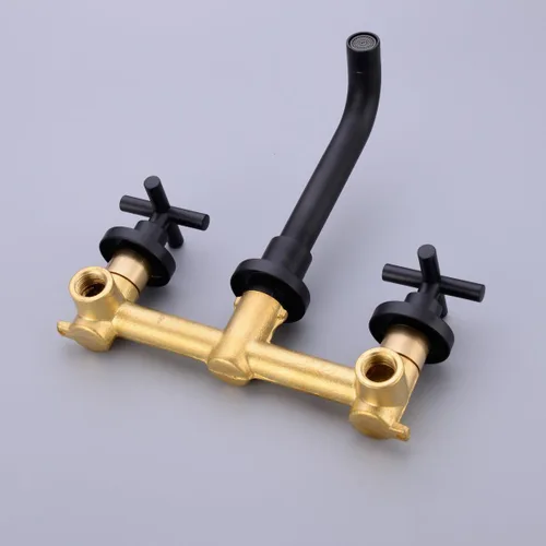Miniatura 4 de TRUSTMI Grifo de baño de latón negro mate montado en la pared, doble mango cruzado grifo de lavabo en pared y válvula áspera incluida