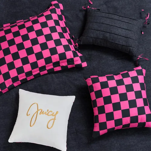 Miniatura 4 de Juego de edredón reversible de cuadros de Juicy Couture, juego de 5 piezas tamaño individual/individual XL, negro/rosa intenso