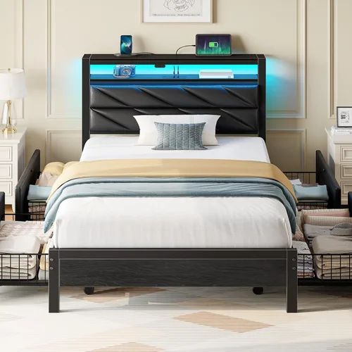 Miniatura 23 de Seventable Base de cama tamaño Queen con estación de carga, cama LED con cabecera de almacenamiento tapizada, cama de plataforma de metal con Gris