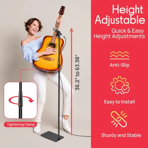Miniatura 2 de Pyle Soporte de micrófono de base cuadrada con clip de micrófono, resistente, altura ajustable, 36.2 a 63.38 pulgadas, base sólida fundida a