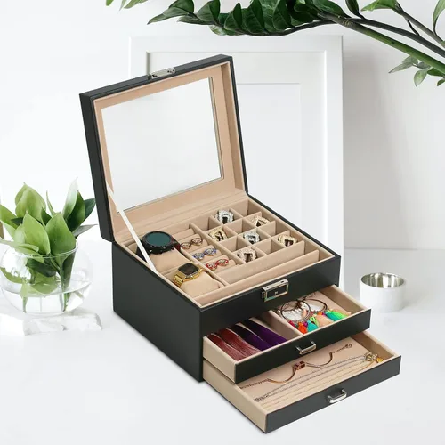 Miniatura 5 de Ogrmar Joyero de piel sintética de 3 niveles con cerradura para hombres y mujeres, vitrina y organizador con tapa de vidrio transparente