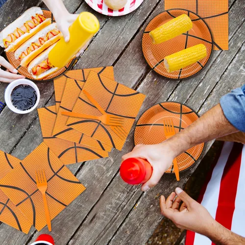 Miniatura 5 de Conjunto de Vajilla Temática de Baloncesto de 96 Piezas - Vajilla Desechable para Fans de Deportes con Platos de Papel, Servilletas, Tenedores