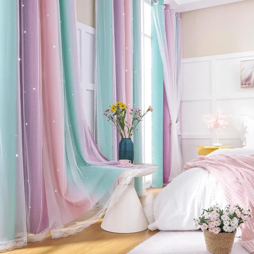 Miniatura 66 de XiDi Cortinas opacas con estrellas para habitaciones de niños, cortinas verdes para ventana de dormitorio de niños, azul y gris, 52 pulgadas de Azul