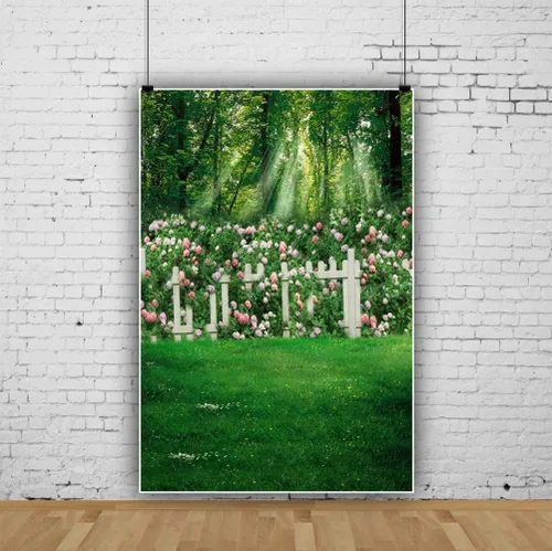 Telón de fondo de naturaleza de primavera de poliéster de 3 x 5 pies, fotografía de hierba verde, luz del sol, flores rosas, valla de cuento de