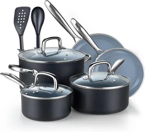 Cook N Home Los juegos de ollas y sartenes clásicas de cerámica antiadherentes incluyen cacerola, sartenes, olla con tapas, utensilios de nailon,