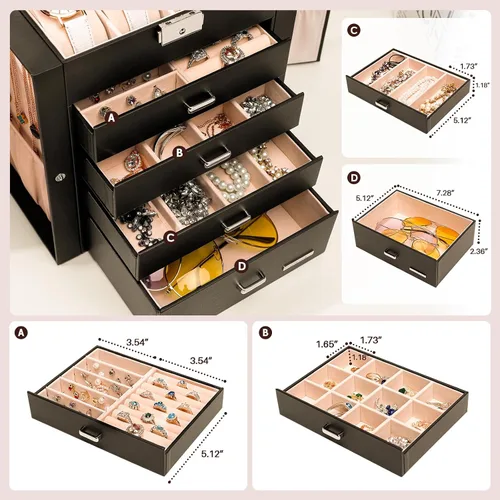 Miniatura 3 de Homde Caja de joyería enorme de cuero sintético Organizador de reloj con espejo Collar Anillo Pendiente Almacenamiento Caja de regalo con cerradura