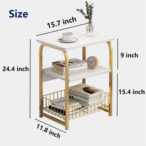 Miniatura 2 de Mesa auxiliar auxiliar de mármol blanco de 3 niveles con estante de almacenamiento, mesa de metal para aperitivos, mesa pequeña para balcón