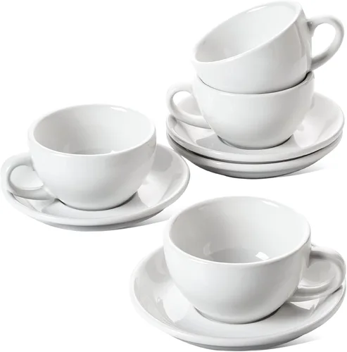 Miniatura 8 de LE TAUCI Juego de 4 tazas de capuchino de 6 onzas con platillos, juego de 4 tazas de café de cerámica y platillos para café con leche, Au Lait