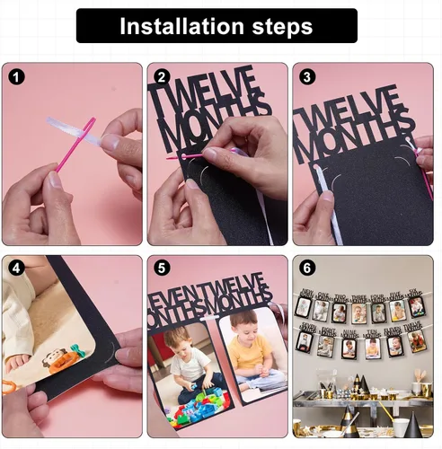 Miniatura 5 de Crosize - Pancarta decorativa para celebración del primer cumpleaños con marcos de fotos para bebés desde recién nacidos hasta 12 meses, guirnalda