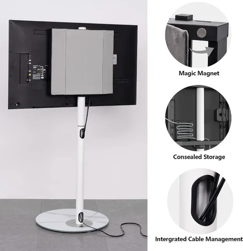 Miniatura 6 de FITUEYES Soporte de TV esquinero para 37 a 65 pulgadas, soporte de TV blanco moderno de mediados de siglo con base de vidrio texturizado de mármol