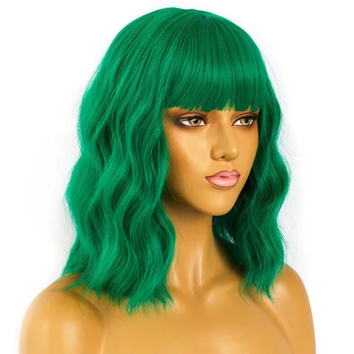Miniatura 5 de LANICE Peluca verde para mujer, pelucas cortas estilo Bob con flequillo, peluca sintética natural, longitud al hombro, pelucas coloridas para uso