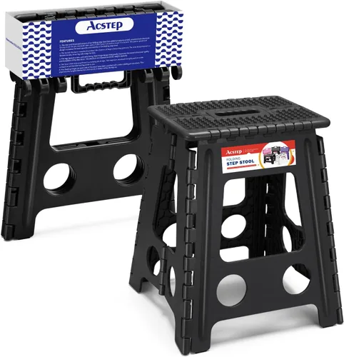 Miniatura 30 de ACSTEP Taburete plegable para adultos de 11 pulgadas de altura, taburete de plástico ligero plegable con capacidad de hasta 300 lbs, taburete Negro