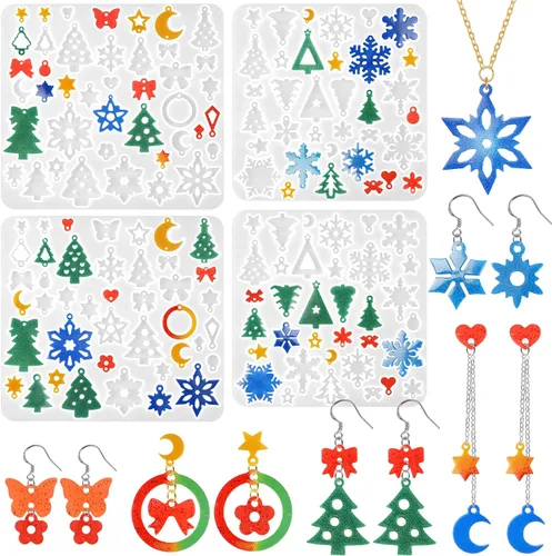 Miniatura 10 de Paquete de 5 moldes de resina para aretes, moldes de joyería de resina, moldes de silicona para colgantes de Navidad, varias formas, árbol de 5