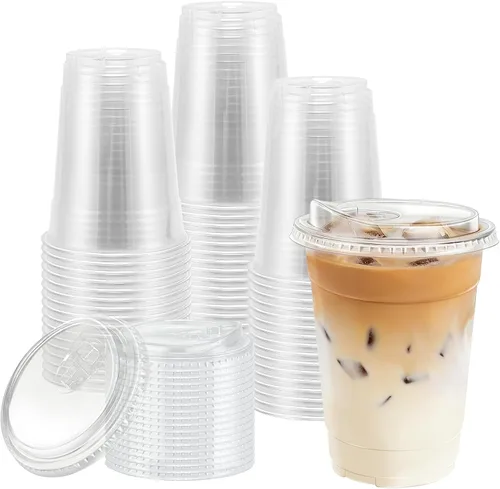 Miniatura 9 de BYSNOW Paquete de 100 vasos de plástico transparente de 16 onzas con tapas, tazas desechables para café helado con tapas para sorber, vasos