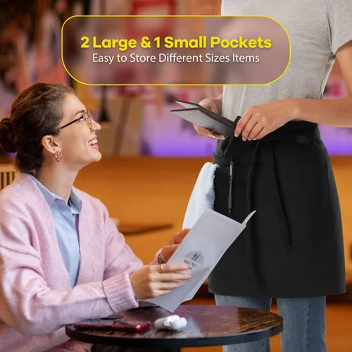 Miniatura 4 de ROTANET Delantal negro con 3 bolsillos de 18 pulgadas de largo para camarera bistró delantales de media cintura para mujeres y hombres impermeables