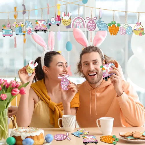 Miniatura 5 de Kathfly 32 piezas de adornos de Pascua para árbol pequeño de madera, decoraciones de Pascua feliz, huevos de conejo, adornos colgantes de gnomo