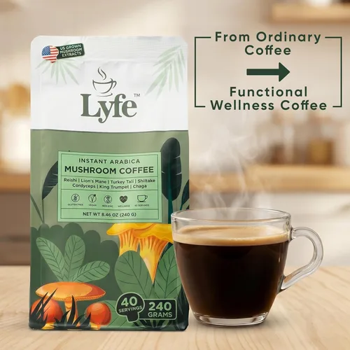 Miniatura 8 de LYFE Café orgánico instantáneo de hongos, 40 porciones: mezcla de café adaptogénico instantáneo con melena de león, chaga, cordyceps, trompeta King