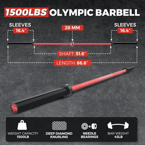 Miniatura 2 de Barra olímpica de 7 pies, capacidad de 1500 libras, carga de 45 libras, disponible para ejercicios en el gimnasio y en casa, levantamiento de pesas