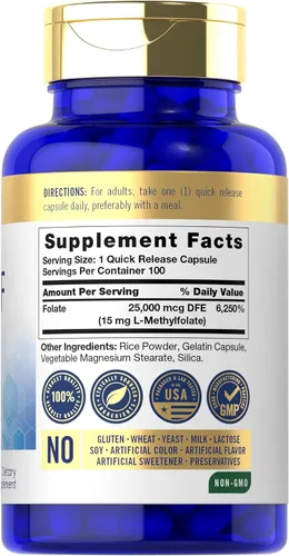 Miniatura 2 de Carlyle Suplemento 5-MTHF 15mg 100 cápsulas L-metilfolato Sin OMG, sin gluten Calidad premium