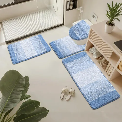 Miniatura 8 de Bsmathom Juego de 4 alfombras de baño, alfombras de baño de microfibra suave y absorbente con alfombra de contorno en forma de U para inodoro y Azul
