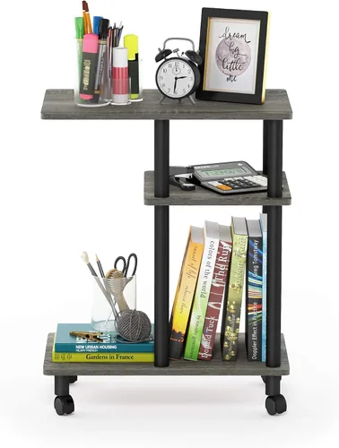 Miniatura 6 de Furinno Turn-N-Tube - Mesa auxiliar en forma de C con ruedas, robre francés gris/negro Roble francés gris/negro.