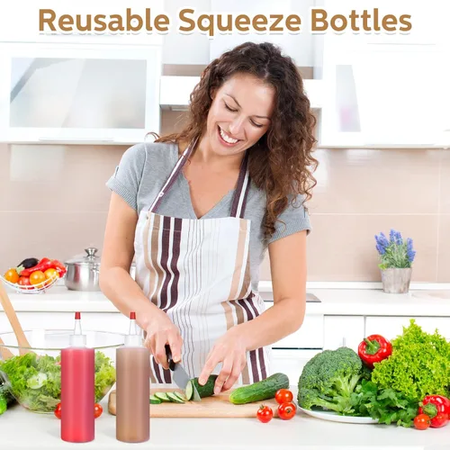 Miniatura 7 de Jinei Paquete de 60 botellas de plástico de 8 onzas, botellas transparentes para exprimir condimentos con tapa de punta roja, recipiente vacío