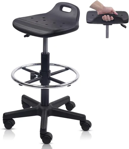 Miniatura 21 de KLASIKA Taburete alto con ruedas de dibujo con soporte de respaldo bajo y anillos ajustables para reposapiés, juego de 2 sillas de escritorio negro