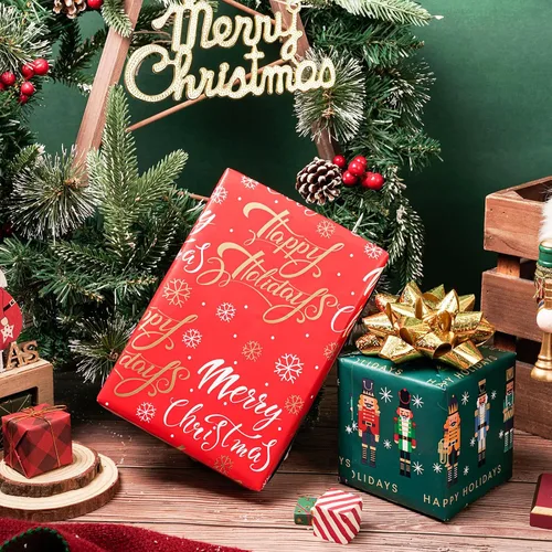 Miniatura 4 de RUSPEPA - Rollo de papel de regalo reversible - Rollo mini - diseño de Nueveador de nueces de Navidad y felices fiestas, ideal para Navidad, fiesta