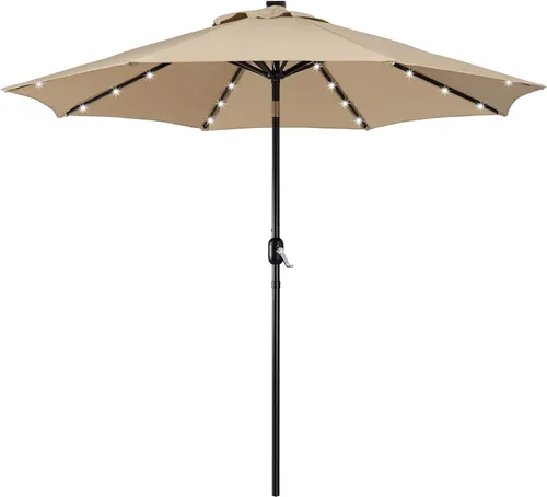 Yaheetech - Paraguas de 9 pies con energía solar para patio - Paraguas de mesa de mercado con protección UV, 32 luces LED y botón de inclinación y