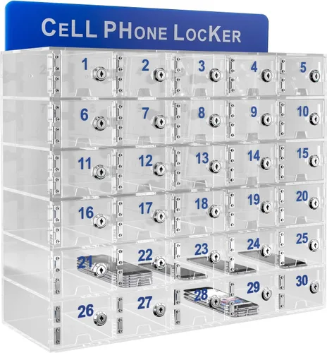 Miniatura 9 de Taquillas de teléfono celular, caja de bloqueo de acrílico para teléfono celular con cerraduras de puerta y llaves, 10 ranuras montadas en la pared