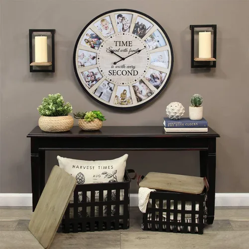Miniatura 2 de Reloj de pared de madera rústica estilo granja con collage de 12 fotos, reloj de pared grande con fotos familiares para sala de estar, hogar