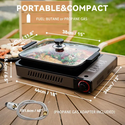 Miniatura 2 de Estufa portátil de gas propano con parrilla y tapa, estufa de camping de butano con encendido instantáneo para patio, cocina en el hogar, camping